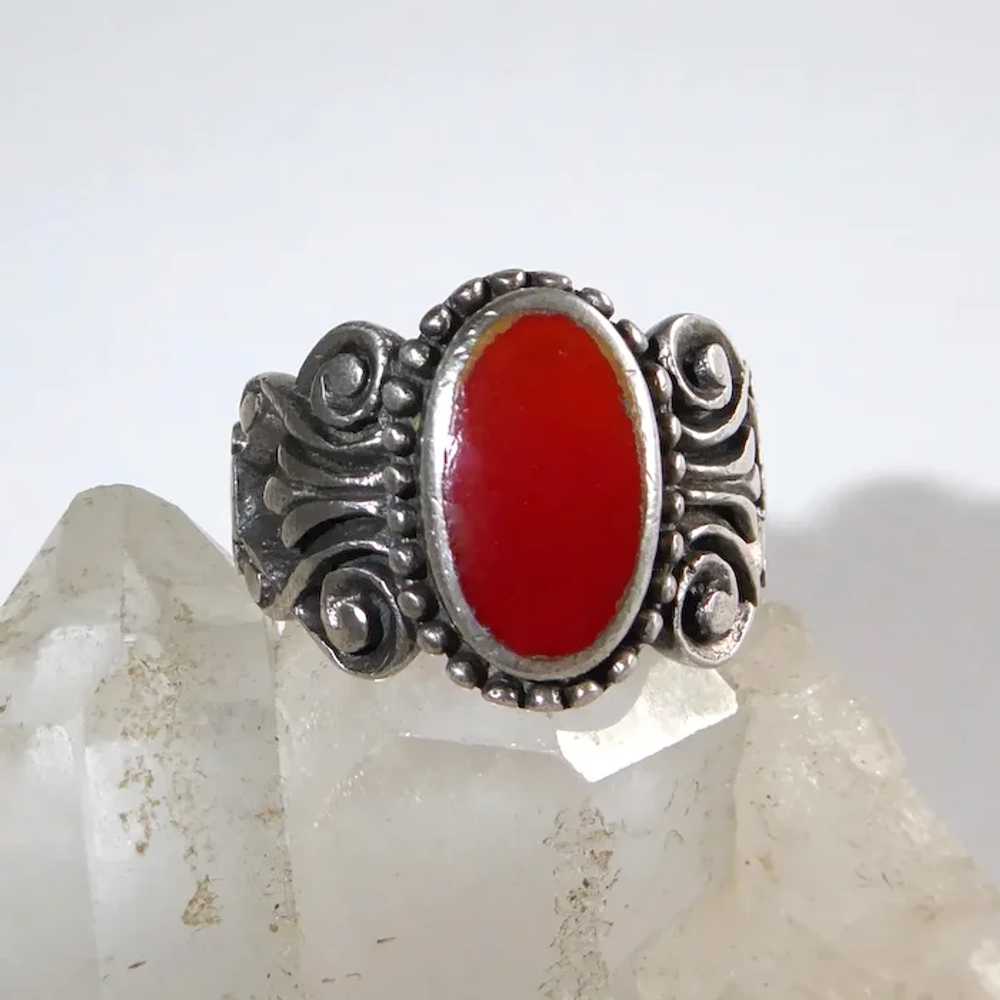 Sterling & Carnelian Cigar Band Ring w Carved Fil… - image 6