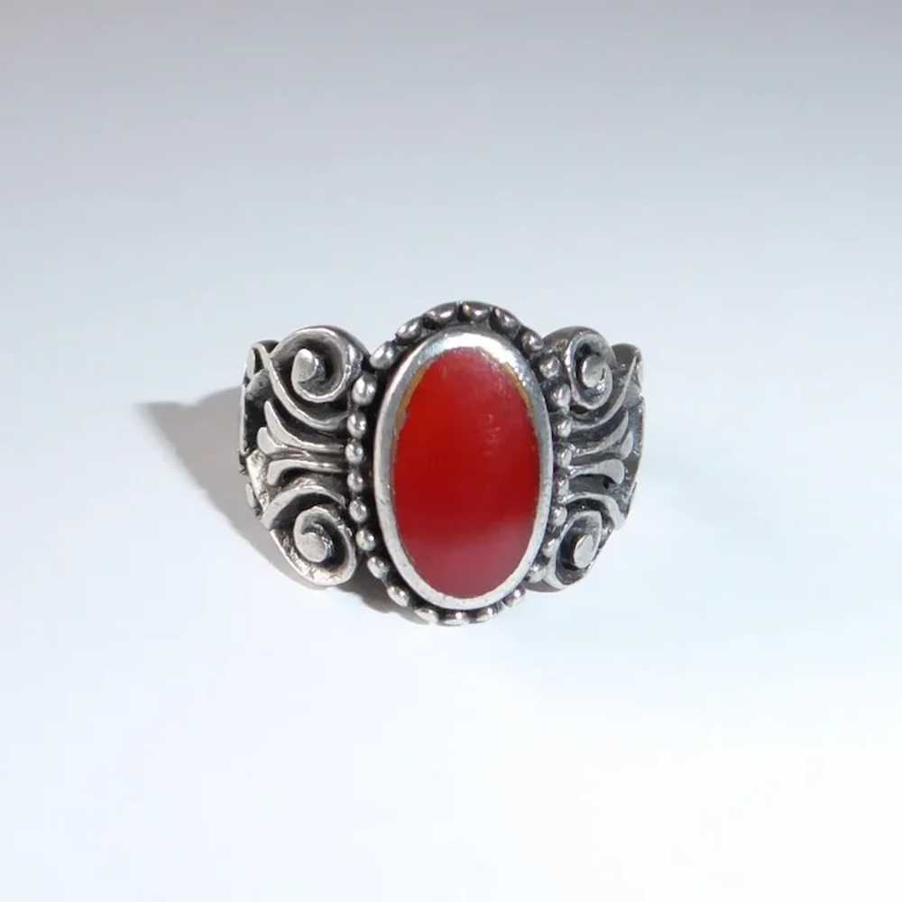 Sterling & Carnelian Cigar Band Ring w Carved Fil… - image 8