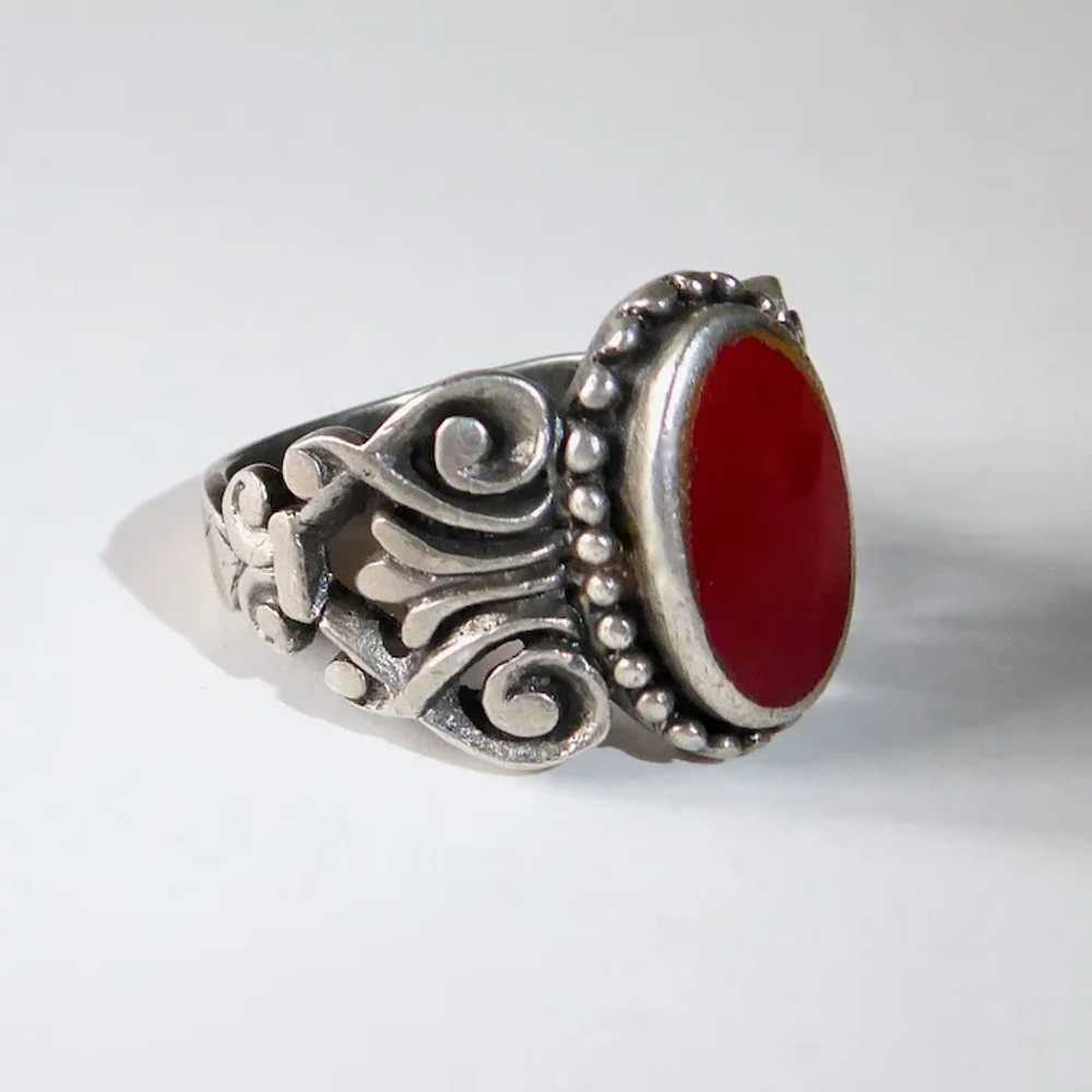 Sterling & Carnelian Cigar Band Ring w Carved Fil… - image 9