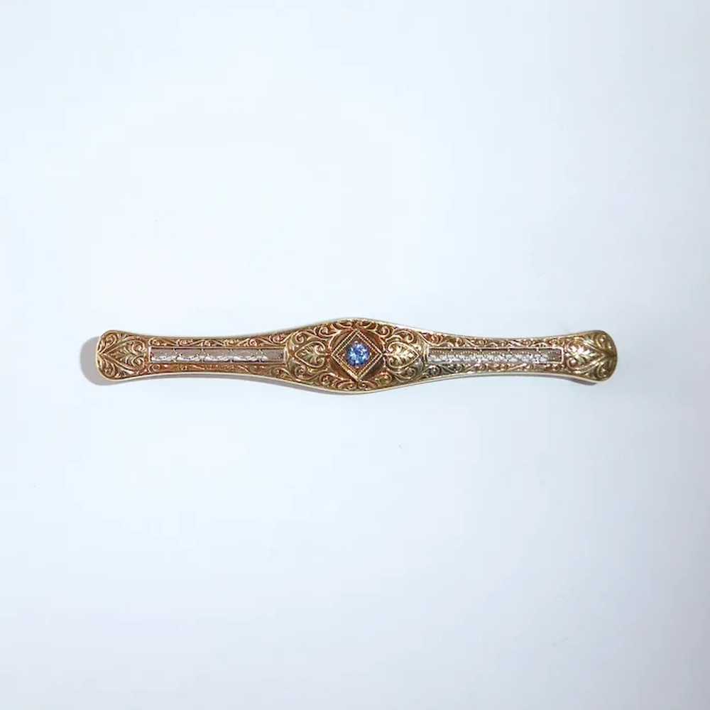 14k Edwardian Embossed & Filigree Pin w Sapphire - image 12