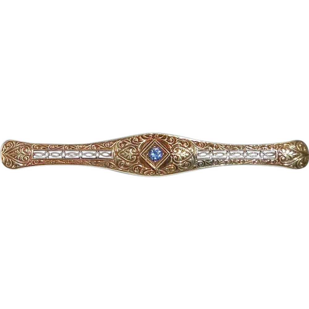 14k Edwardian Embossed & Filigree Pin w Sapphire - image 1