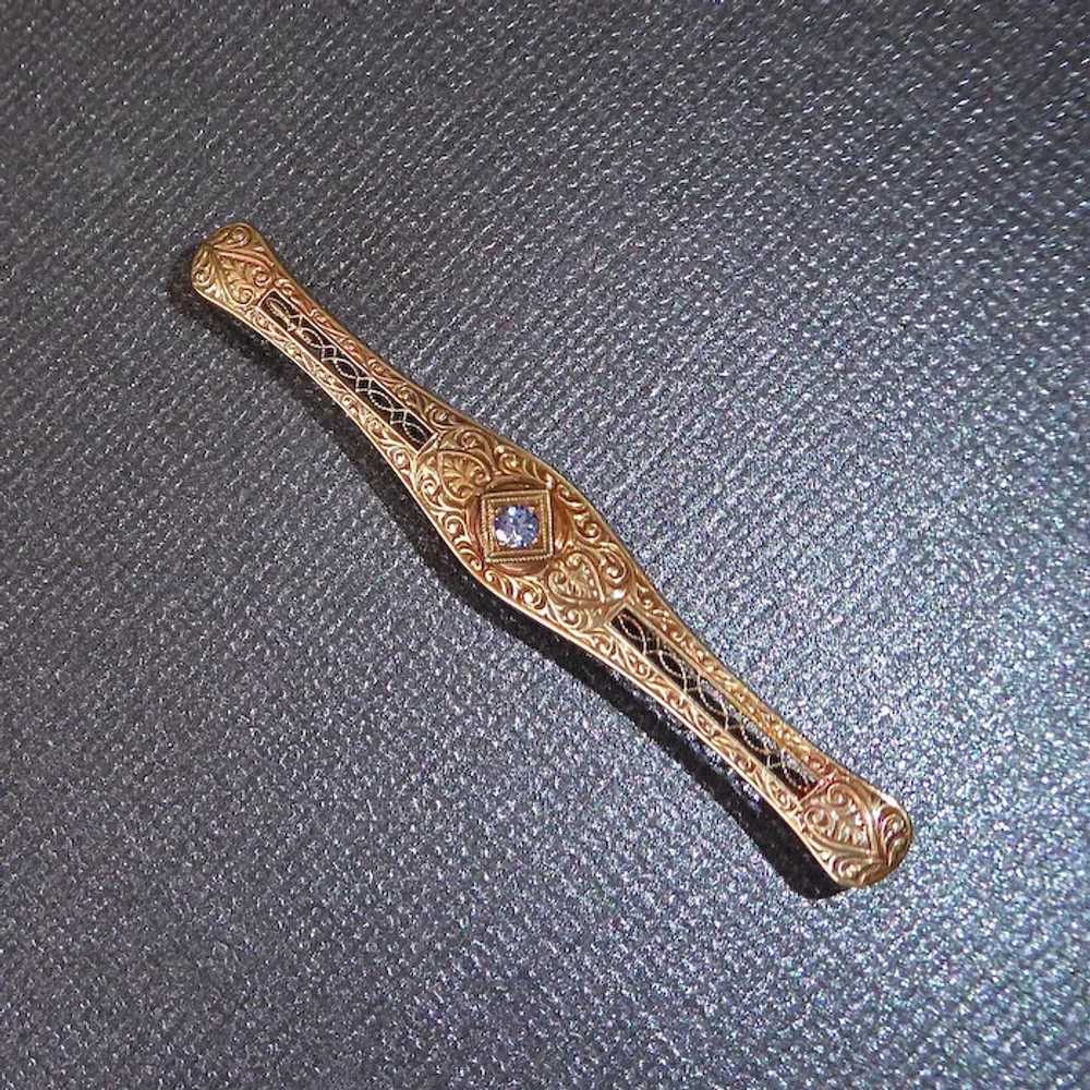 14k Edwardian Embossed & Filigree Pin w Sapphire - image 6