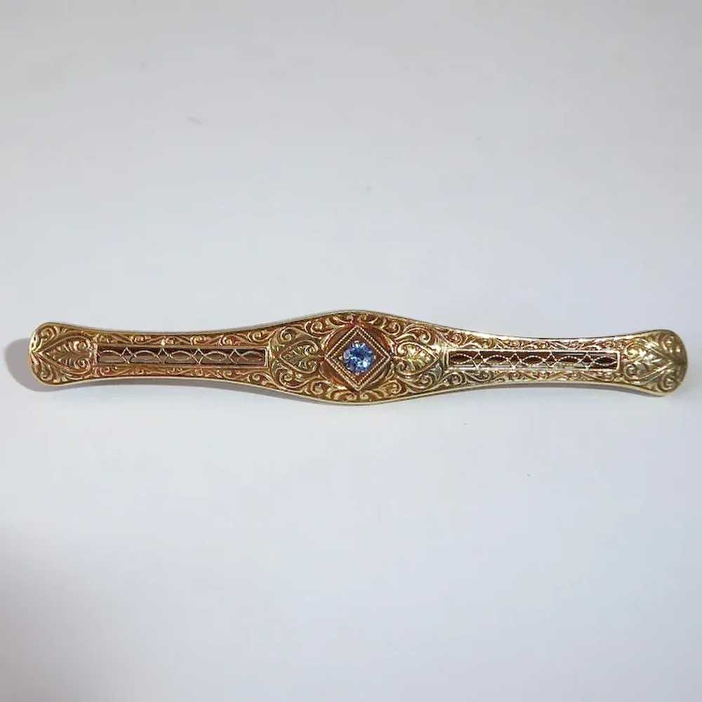 14k Edwardian Embossed & Filigree Pin w Sapphire - image 7