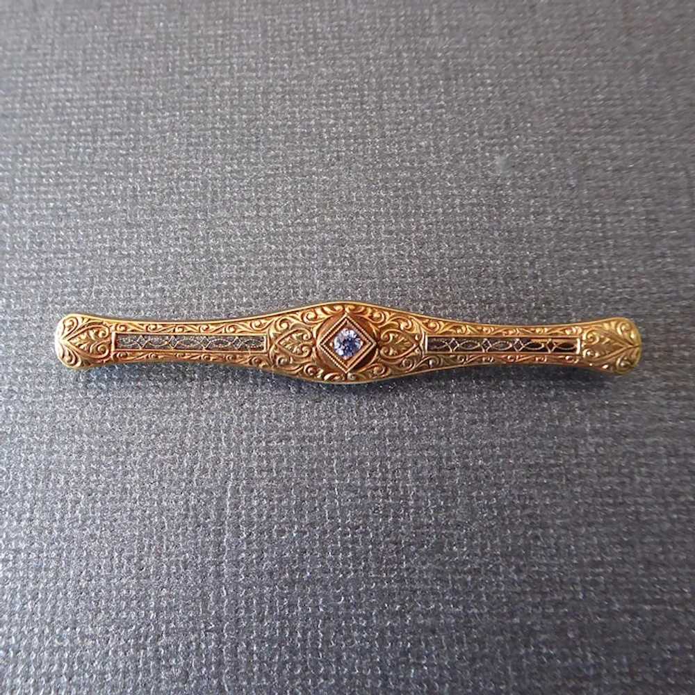 14k Edwardian Embossed & Filigree Pin w Sapphire - image 8