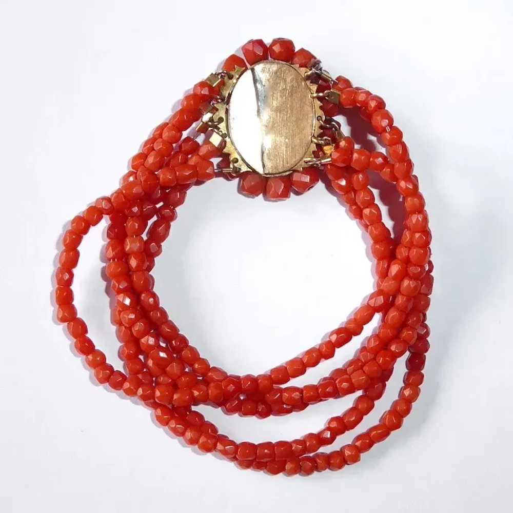 Faceted Coral Five Strand Beaded Bracelet w Ornat… - image 11