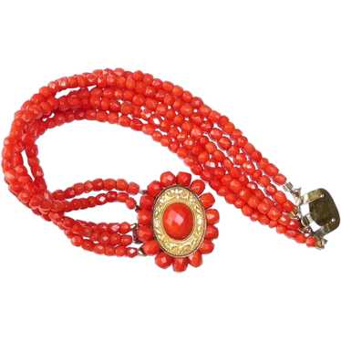 Faceted Coral Five Strand Beaded Bracelet w Ornat… - image 1