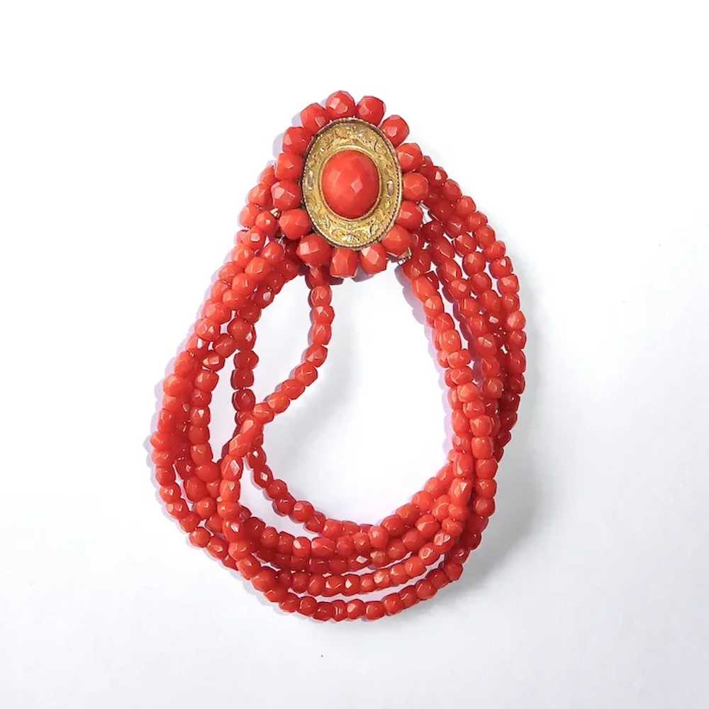 Faceted Coral Five Strand Beaded Bracelet w Ornat… - image 2