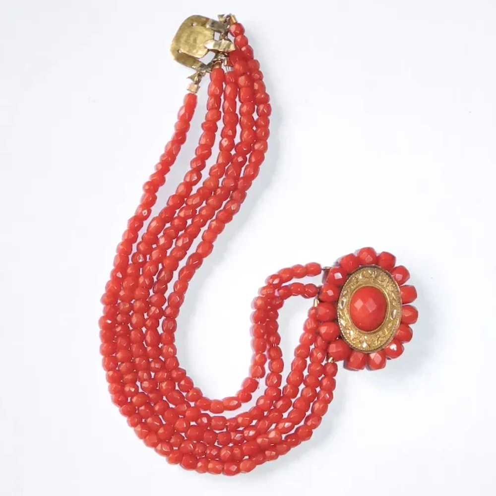 Faceted Coral Five Strand Beaded Bracelet w Ornat… - image 3