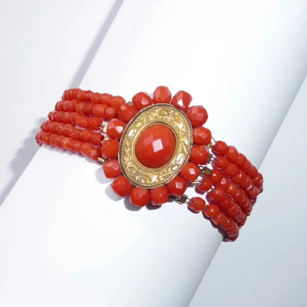 Faceted Coral Five Strand Beaded Bracelet w Ornat… - image 4