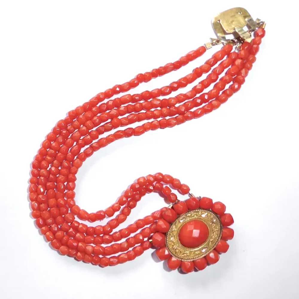 Faceted Coral Five Strand Beaded Bracelet w Ornat… - image 6