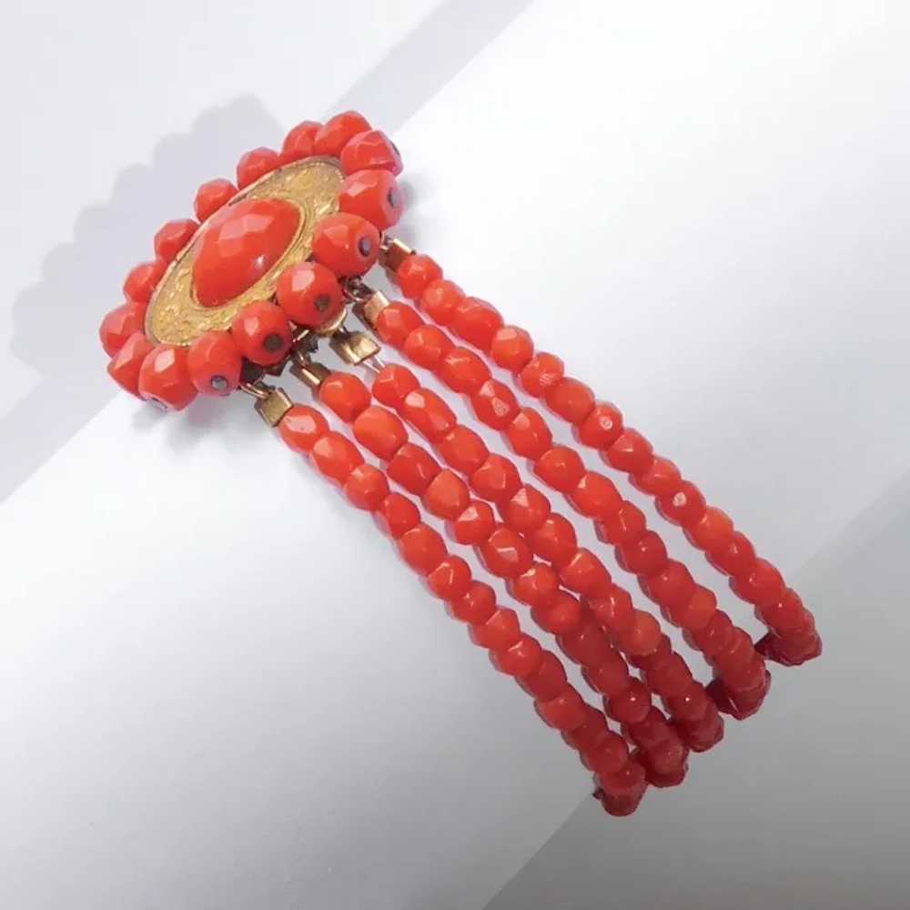 Faceted Coral Five Strand Beaded Bracelet w Ornat… - image 8