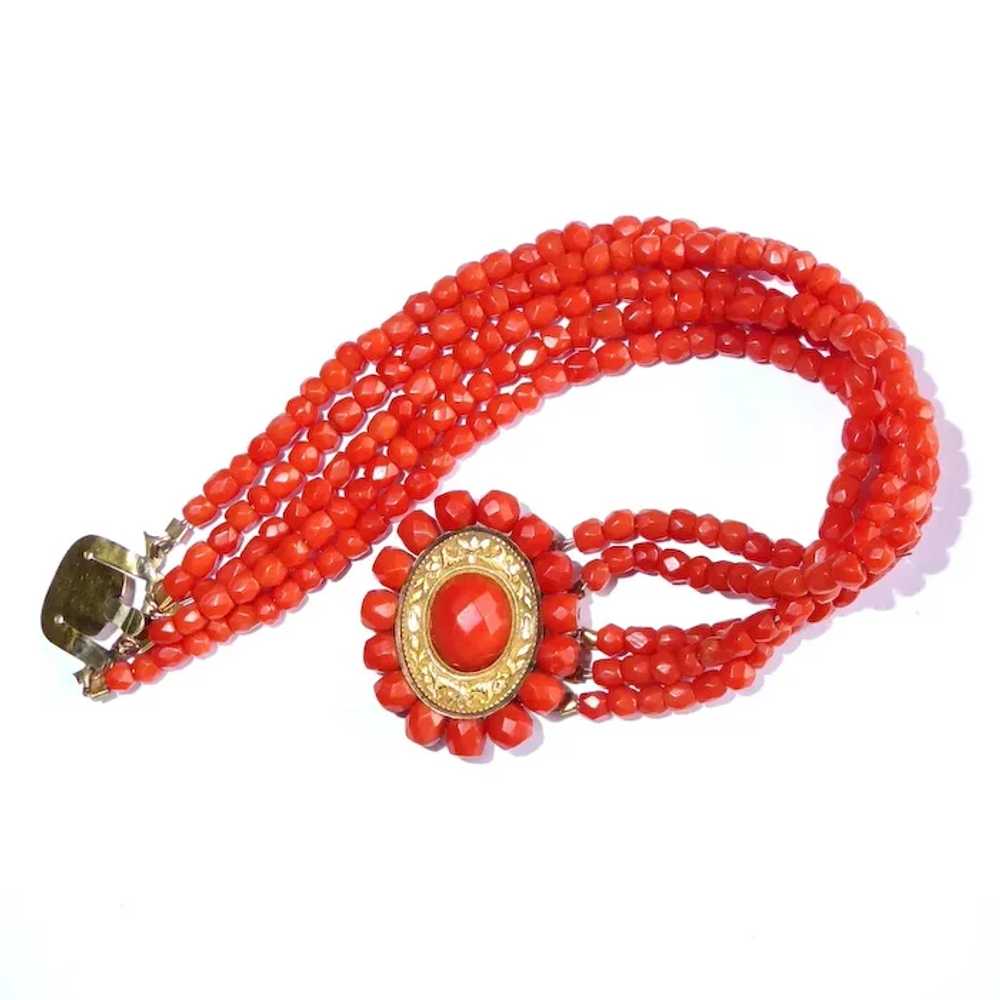 Faceted Coral Five Strand Beaded Bracelet w Ornat… - image 9