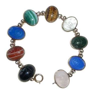 Egyptian Revival 10k Bracelet Gemstone Scarabs c19