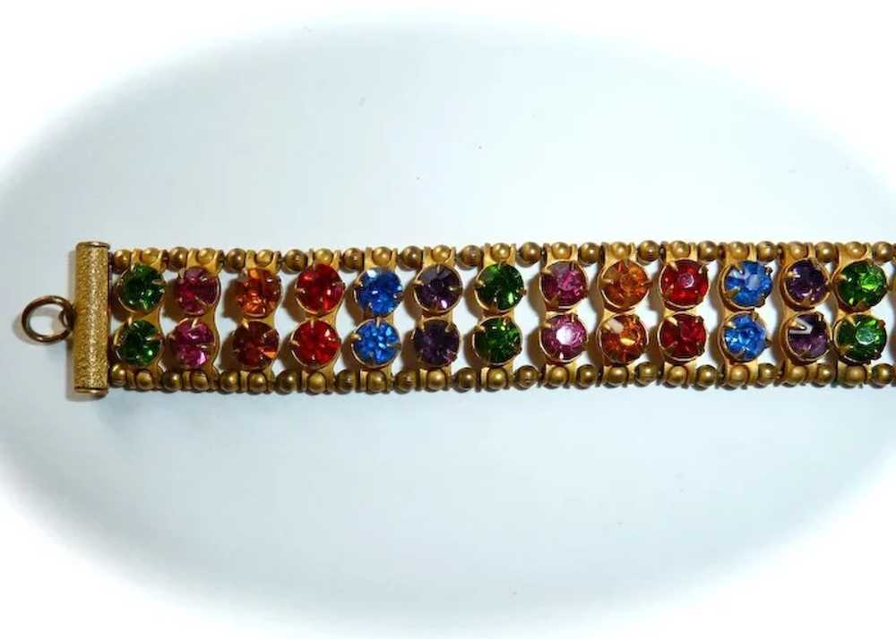 Art Deco Brass Bracelet 2 Row Multi Colored Rhine… - image 4