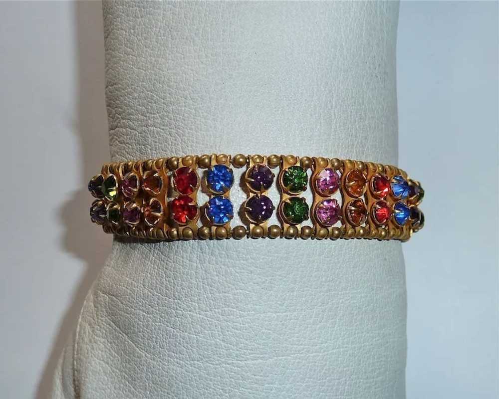 Art Deco Brass Bracelet 2 Row Multi Colored Rhine… - image 6