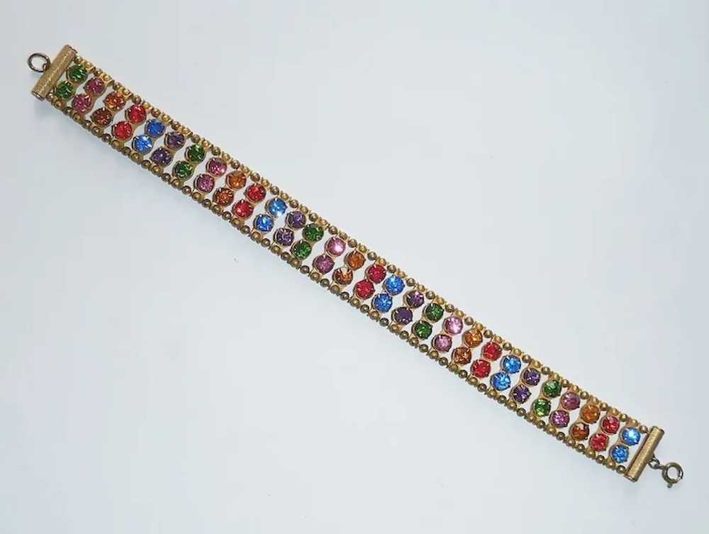 Art Deco Brass Bracelet 2 Row Multi Colored Rhine… - image 9