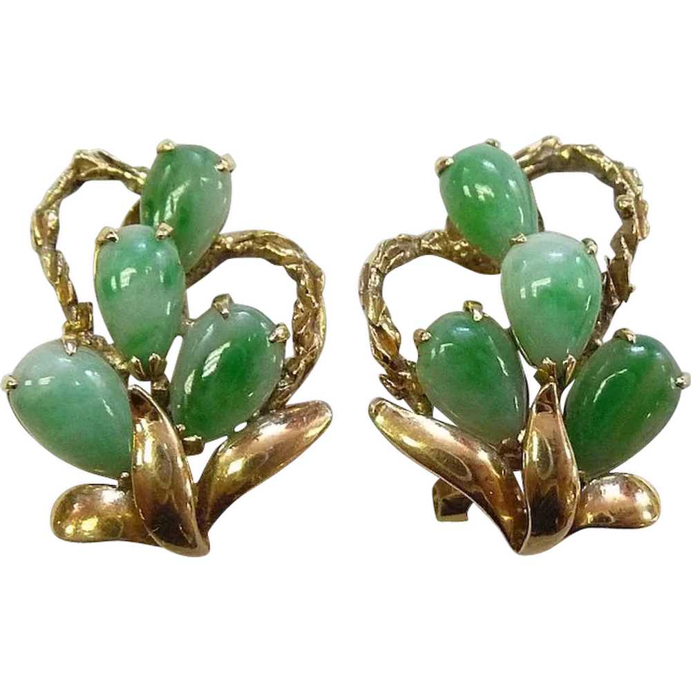 14k Yellow Gold & Jadeite Teardrop Cab Earrings c1950s - Gem