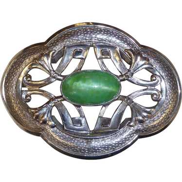 Art Nouveau Sash Ornament Brooch Pearly Green Cab - image 1