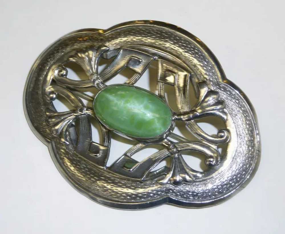 Art Nouveau Sash Ornament Brooch Pearly Green Cab - image 2
