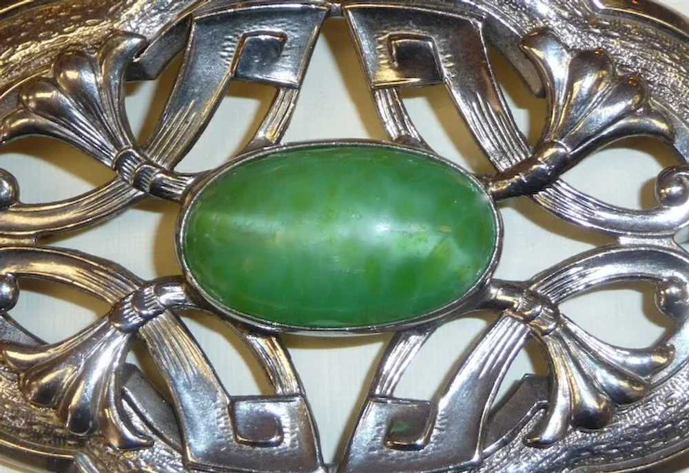 Art Nouveau Sash Ornament Brooch Pearly Green Cab - image 3