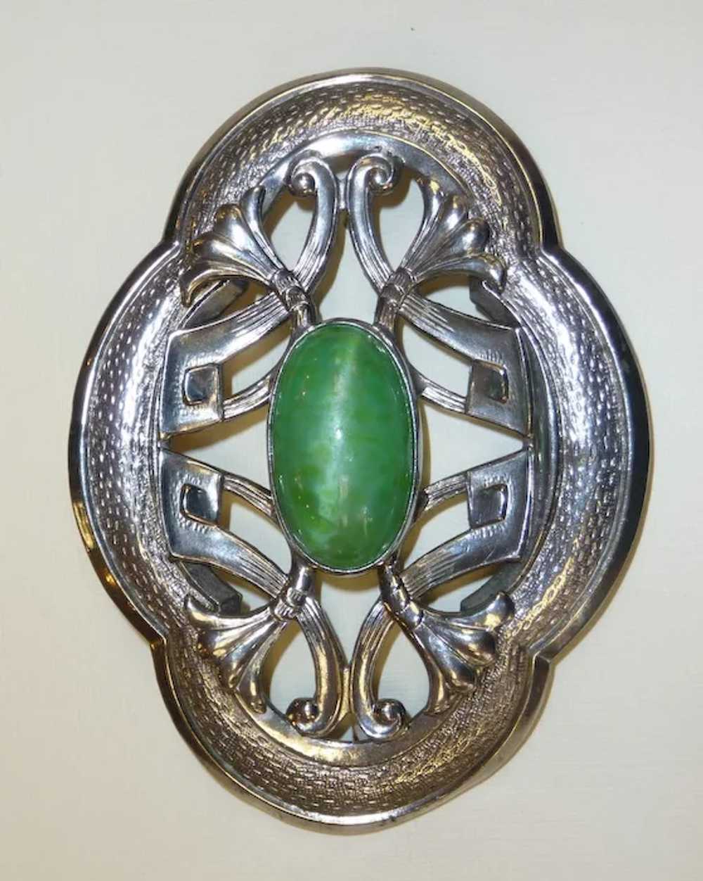 Art Nouveau Sash Ornament Brooch Pearly Green Cab - image 4