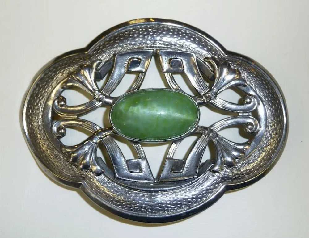 Art Nouveau Sash Ornament Brooch Pearly Green Cab - image 5