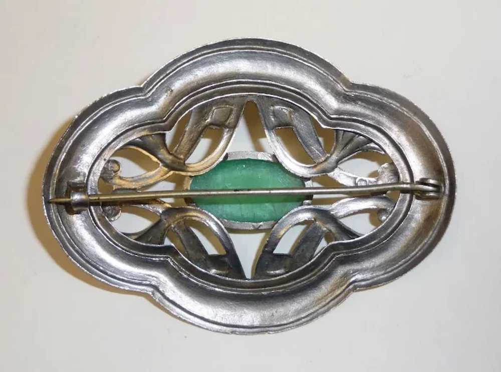Art Nouveau Sash Ornament Brooch Pearly Green Cab - image 6
