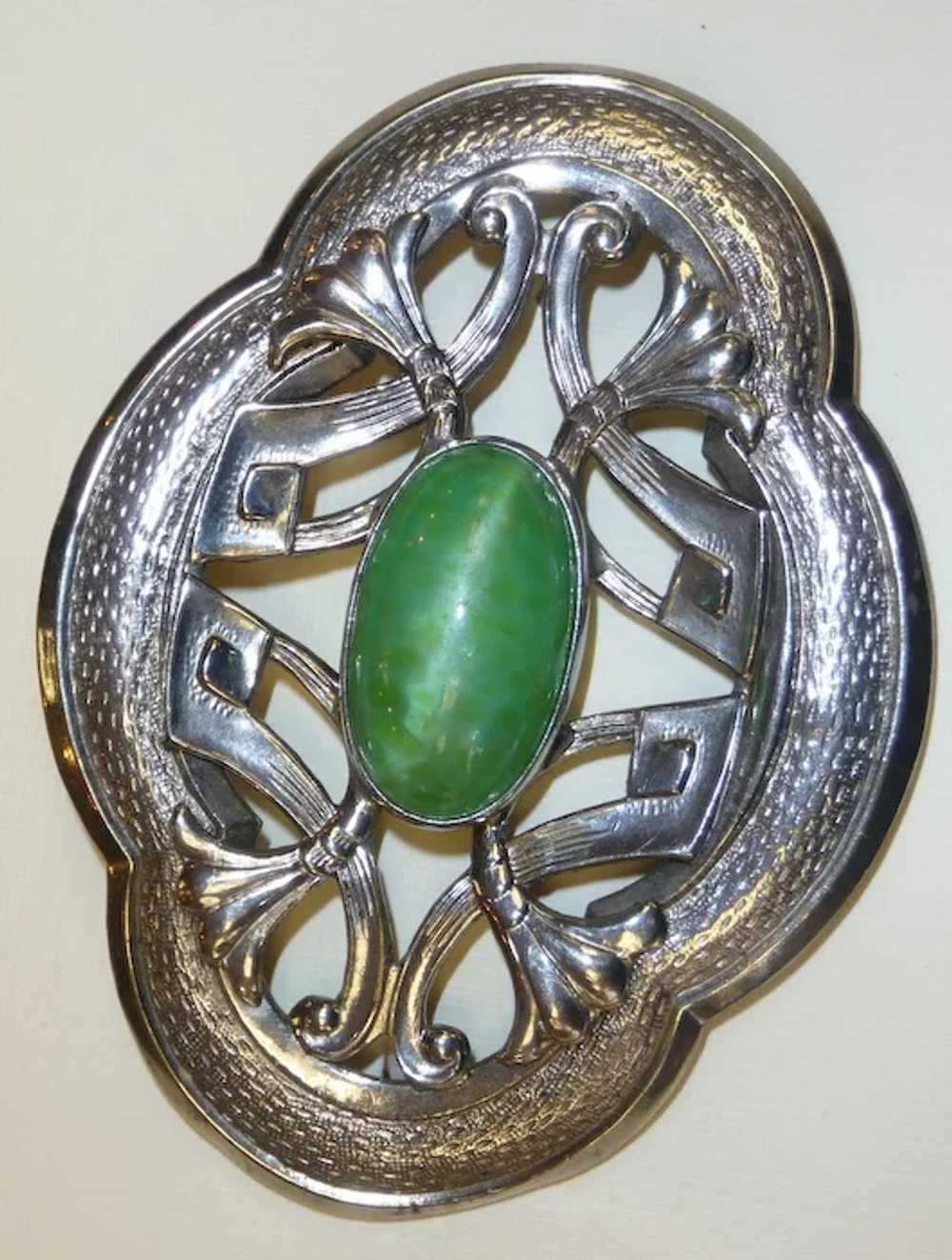 Art Nouveau Sash Ornament Brooch Pearly Green Cab - image 7