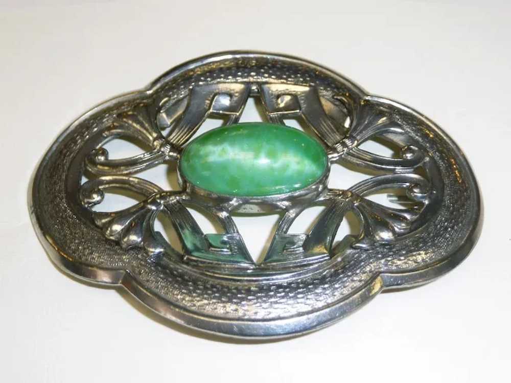 Art Nouveau Sash Ornament Brooch Pearly Green Cab - image 8