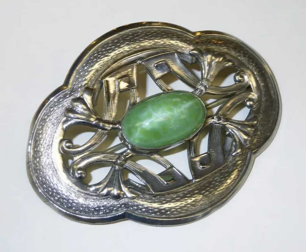 Art Nouveau Sash Ornament Brooch Pearly Green Cab - image 9