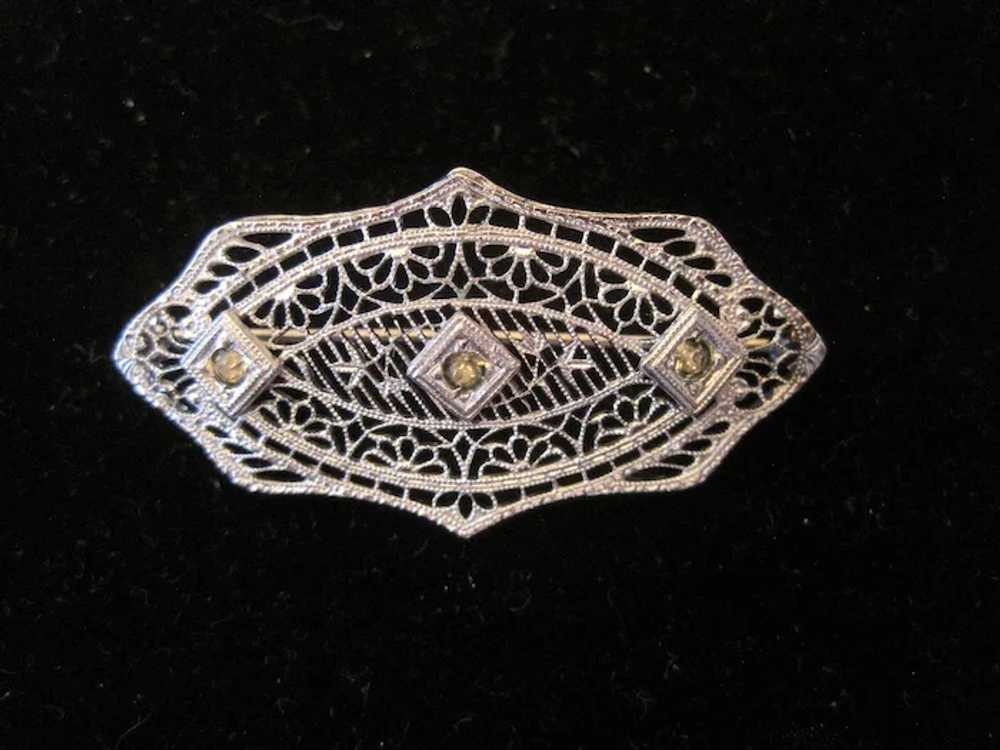 Platinum Art Noveau Pierced Brooch Pin w/(3) Grey… - image 3