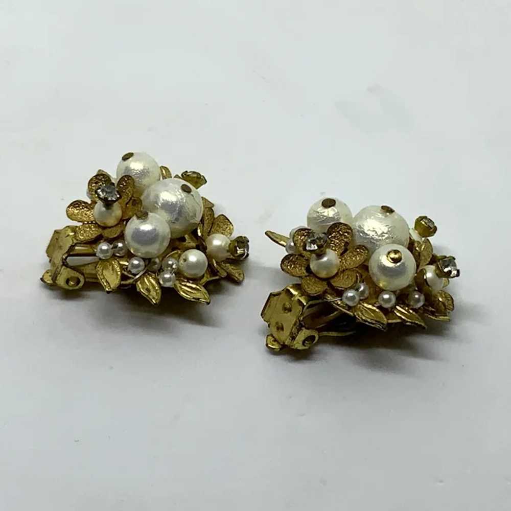 Floral Gold-tone Earrings Simulated Pearls Rhines… - image 10