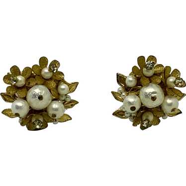 Floral Gold-tone Earrings Simulated Pearls Rhines… - image 1