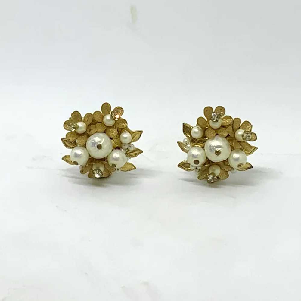 Floral Gold-tone Earrings Simulated Pearls Rhines… - image 2