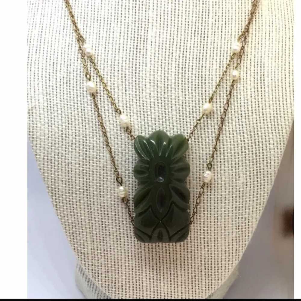 Repurposed Carved Spinach Green Bakelite Necklace… - image 2