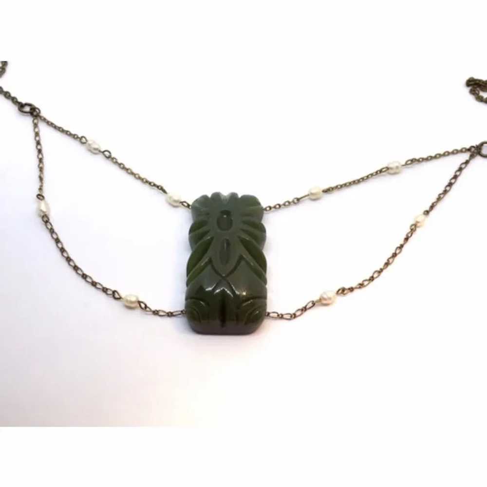 Repurposed Carved Spinach Green Bakelite Necklace… - image 5