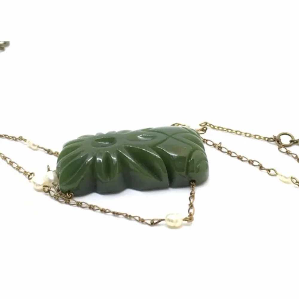 Repurposed Carved Spinach Green Bakelite Necklace… - image 6