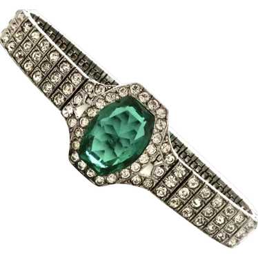 Art Deco Diamond + Emerald Paste Sterling Bracelet - image 1