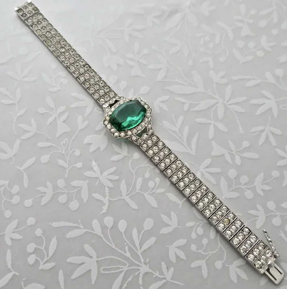 Art Deco Diamond + Emerald Paste Sterling Bracelet - image 2