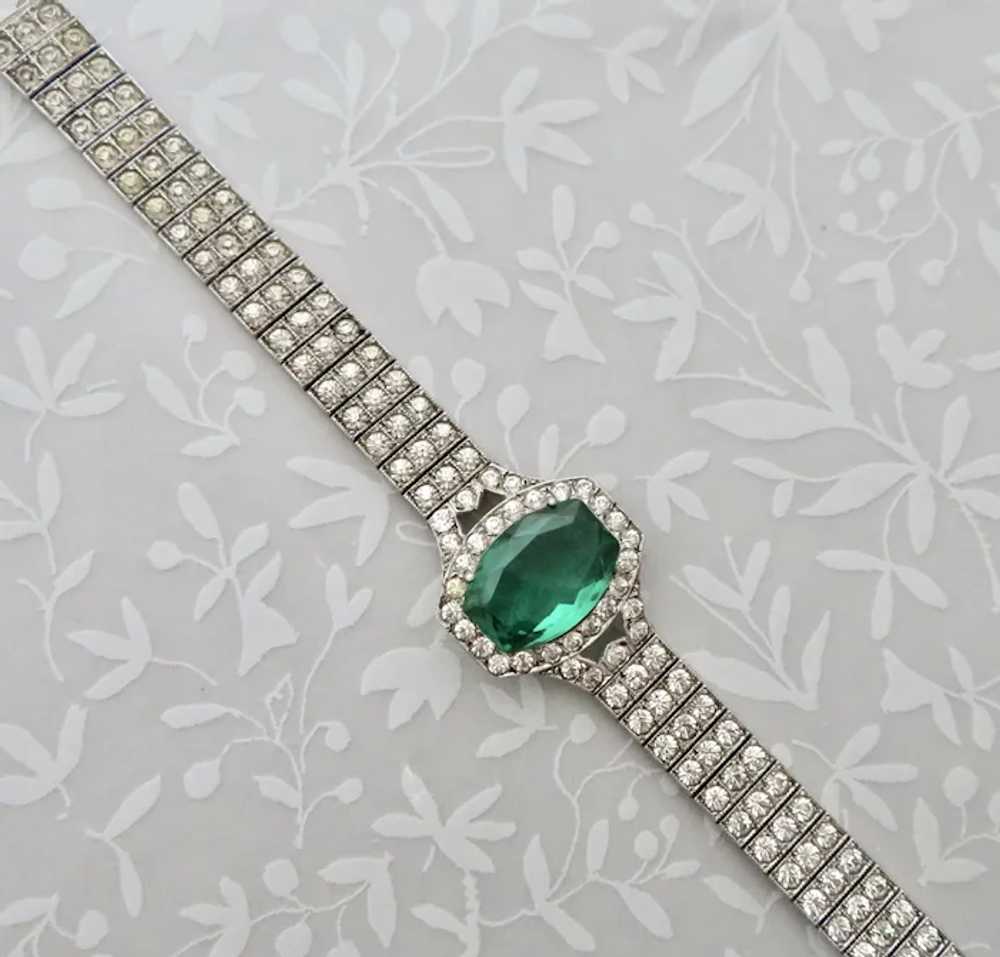 Art Deco Diamond + Emerald Paste Sterling Bracelet - image 5