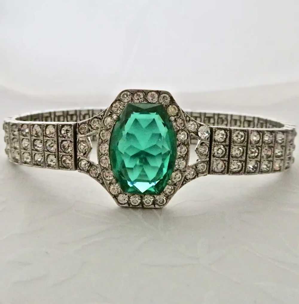 Art Deco Diamond + Emerald Paste Sterling Bracelet - image 7