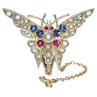 Art Deco Ruby Diamond Sapphire Pearl Brooch Pin B… - image 1