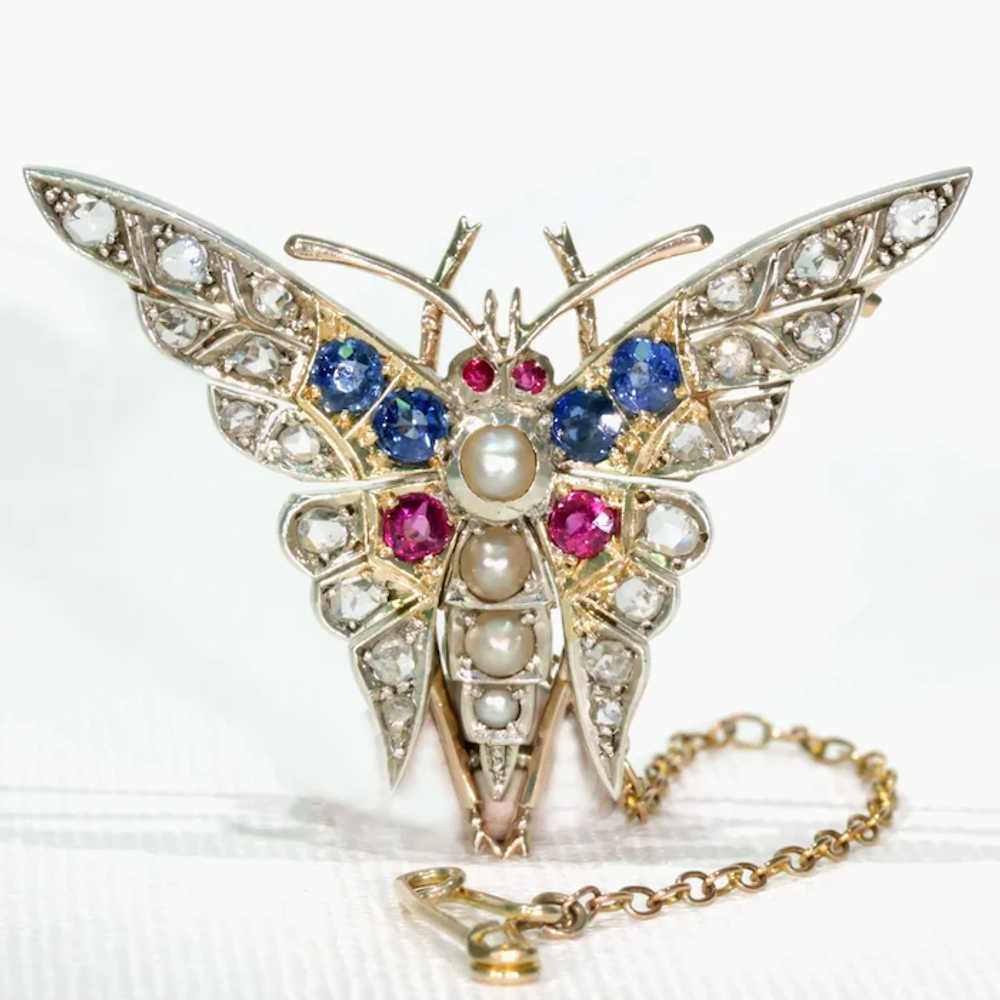 Art Deco Ruby Diamond Sapphire Pearl Brooch Pin B… - image 2