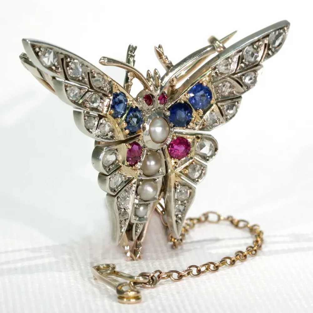 Art Deco Ruby Diamond Sapphire Pearl Brooch Pin B… - image 3