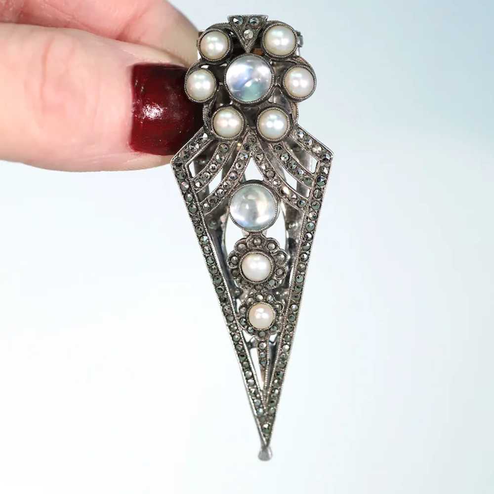 Vintage Art Deco Moonstone and Marcasite Dress Cl… - image 2