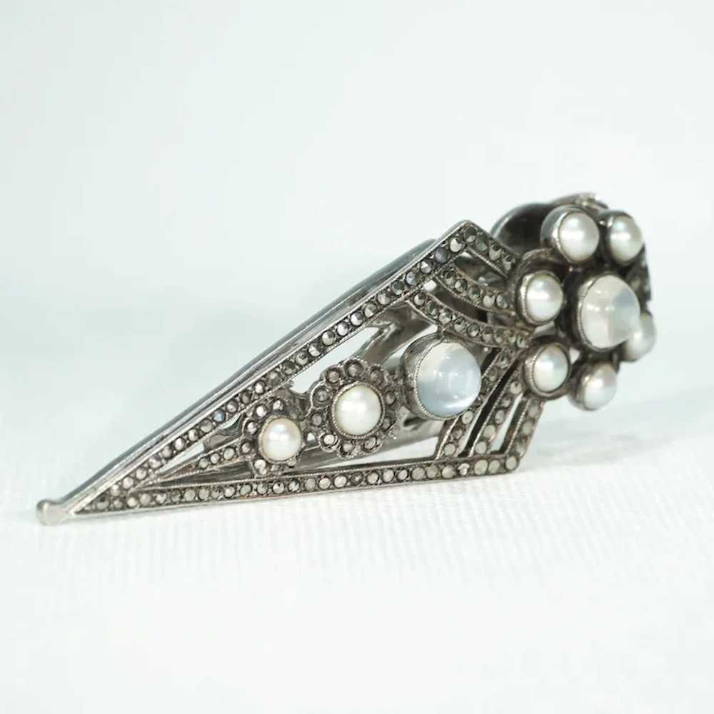 Vintage Art Deco Moonstone and Marcasite Dress Cl… - image 3