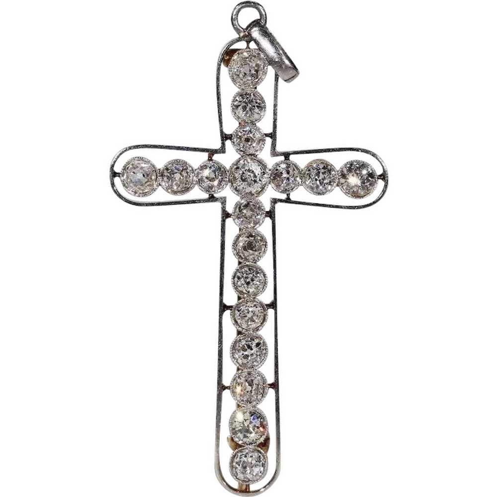 Edwardian European Cut Diamond Cross Pendant Broo… - image 1