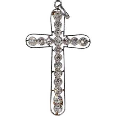 Edwardian European Cut Diamond Cross Pendant Broo… - image 1