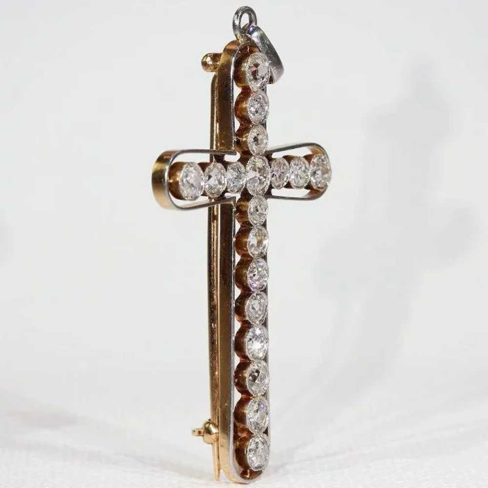 Edwardian European Cut Diamond Cross Pendant Broo… - image 2