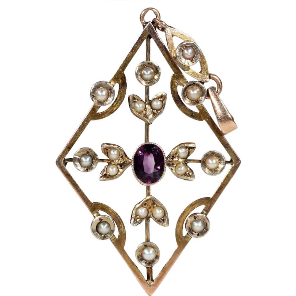 Edwardian 9k Gold Amethyst and Pearl Pendant - image 1